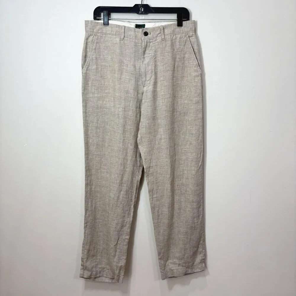 J Crew Oarsman 100% Linen Plaid Pants Beige 31x30 Trousers Preppy Quiet Luxury